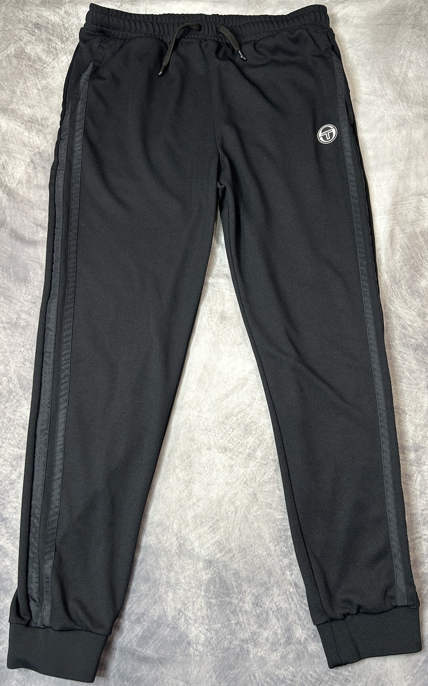Sergio Tacchini Pants Mens Large Black Court Knit Joggers Side Stripe Zip Pocket